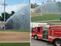 Os bombeiros de Maryland acusaram após inundar o campo de beisebol com mangueira de caminhão durante a briga de longa duração Os bombeiros de Maryland acusaram após inundar o campo de beisebol com mangueira de caminhão durante a briga de longa duração