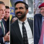 Andrew Cuomo falando em um evento de campanha, com Michaela Kennedy-Cuomo e Cara Kennedy-Cuomo visíveis ao fundo.