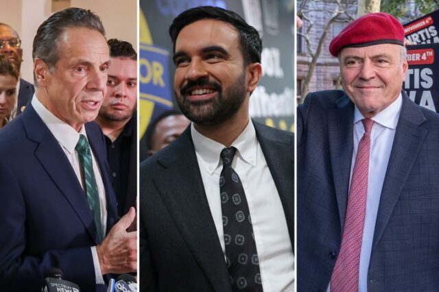 Os eleitores de Nova York vão às urnas no primeiro Andrew Cuomo falando em um evento de campanha, com Michaela Kennedy-Cuomo e Cara Kennedy-Cuomo visíveis ao fundo.
