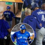 Os fãs dos Dodgers comemoram quando George Springer, do Blue Jays, sai do jogo 3 da World Series mais cedo devido a uma lesão