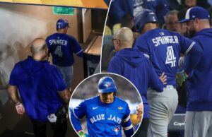 Os fãs dos Dodgers comemoram quando George Springer, do Blue Jays, sai do jogo 3 da World Series mais cedo devido a uma lesão Os fãs dos Dodgers comemoram quando George Springer, do Blue Jays, sai do jogo 3 da World Series mais cedo devido a uma lesão