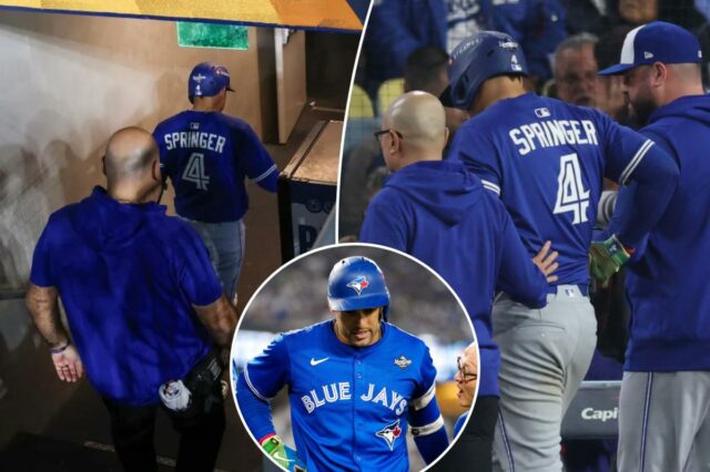 Os fãs dos Dodgers comemoram quando George Springer, do Blue Os fãs dos Dodgers comemoram quando George Springer, do Blue Jays, sai do jogo 3 da World Series mais cedo devido a uma lesão