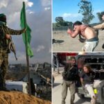 Um garoto segurando um rifle AK-47 parado ao lado de um lutador do Hamas segurando uma bandeira verde na faixa de Khan Younis, Southern Gaza.