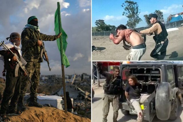 Um garoto segurando um rifle AK-47 parado ao lado de um lutador do Hamas segurando uma bandeira verde na faixa de Khan Younis, Southern Gaza.