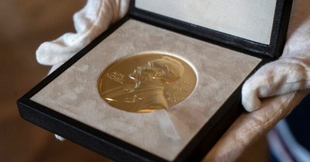 Arquivo - Uma medalha Nobel é vista na residência do embaixador sueco em Londres, 8 de dezembro de 2020. (Niklas Halle'n/Pool via AP, arquivo)