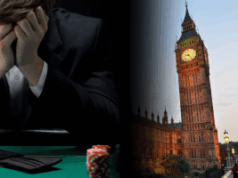 Parlamento do Reino Unido contesta aposta na reforma da dependência e exigência de terapia de condenação O Parlamento do Reino Unido debate a reforma do vício do jogo e a exigência de tratamento de sentenças. Imagem dividida mostrando uma pessoa sentada em uma mesa de jogo com a cabeça apoiada nas mãos à esquerda, e as Casas do Parlamento do Reino Unido com o Big Ben ao pôr do sol à direita, simbolizando a ligação entre as questões do jogo e o debate governamental.