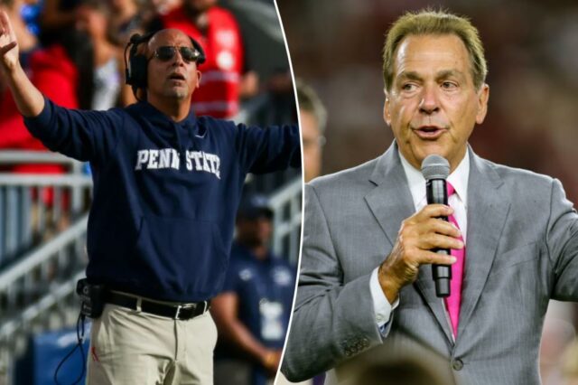 O ex-técnico de futebol da Universidade do Alabama, Nick Saban, é homenageado com uma cerimônia dedicando o campo em seu nome durante o intervalo entre o Alabama Crimson Tide e o South Florida Bulls no Bryant-Denny Stadium em 7 de setembro de 2024 em Tuscaloosa, Alabama. 