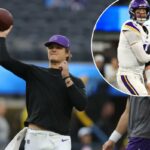 JJ McCarthy treina antes do jogo dos Vikings contra os Chargers em 23 de outubro de 2025.