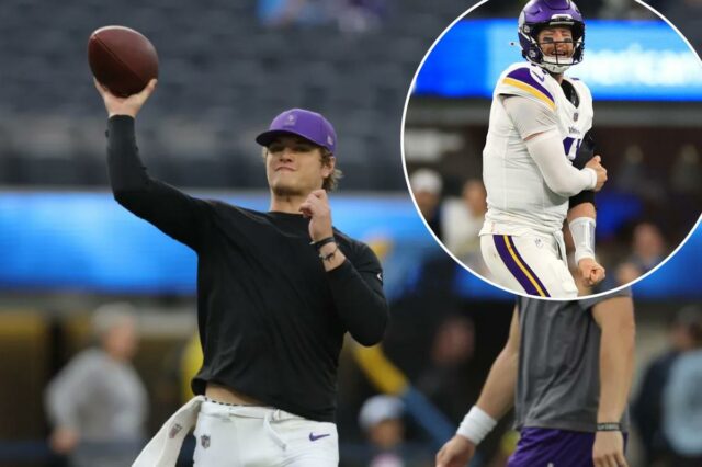 JJ McCarthy treina antes do jogo dos Vikings contra os Chargers em 23 de outubro de 2025.