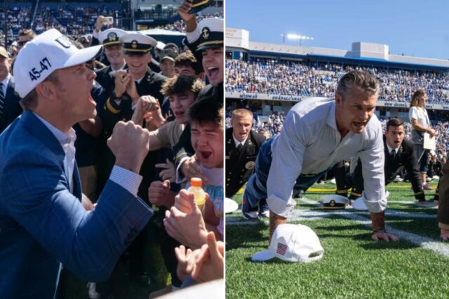 O secretário de Guerra Pete Hegseth e o tenente-general do Corpo de Fuzileiros Navais Michael J. Borgschulte participando de uma tentativa de recorde mundial de flexão no jogo de futebol da Marinha vs. Aérea.