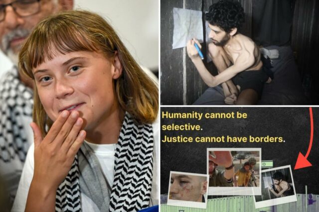 'Piada' Greta Thunberg criticada por usar refém israelense emaciado em postagem sobre o 'sofrimento' de prisioneiros palestinos

