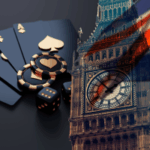 Ilustração da reforma do jogo no Reino Unido mostrando cartas de baralho, fichas de pôquer e dados misturados com o Big Ben e a bandeira da Union Jack. Orçamento de outono de 2025, empresas de jogos de azar do Reino Unido se preparam para fortes aumentos de impostos - o que esperar