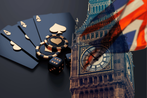 Plano orçamentário de outono de 2025: as empresas de jogos Ilustração da reforma do jogo no Reino Unido mostrando cartas de baralho, fichas de pôquer e dados misturados com o Big Ben e a bandeira da Union Jack. Orçamento de outono de 2025, empresas de jogos de azar do Reino Unido se preparam para fortes aumentos de impostos - o que esperar