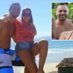 Ana e Jeferson abraçando uma foto em uma praia no Brasil.