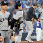 Luke Weaver (c.) Reage depois de desistir de uma corrida durante a derrota do Yankees Game 1 para o Blue Jays em 4 de outubro de 2025.