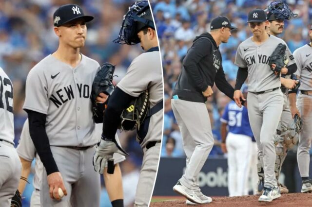 Luke Weaver (c.) Reage depois de desistir de uma corrida durante a derrota do Yankees Game 1 para o Blue Jays em 4 de outubro de 2025.