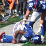 O wide receiver Malik Nabers nº 1 do New York Giants salta para uma recepção e fica atrás do cornerback Cam Hart nº 20 do Los Angeles Chargers. Nabers se machucou durante o primeiro tempo, quando o New York Giants jogou contra o Los Angeles Chargers no domingo, 28 de setembro de 2025, no MetLife Stadium em East Rutherford, NJ.