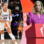 Napheesa Collier nº 24 do Minnesota Lynx dribla a bola durante o jogo contra o Phoenix Mercury durante o jogo 3 das semifinais da WNBA em 26 de setembro de 2025 na PHX Arena em Phoenix, Arizona.