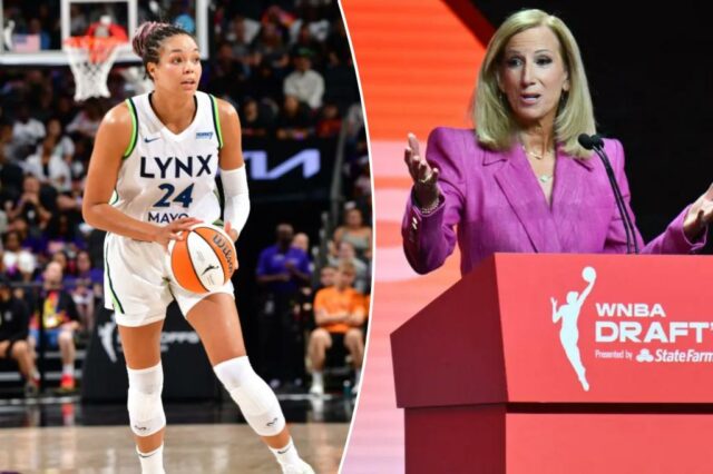 Napheesa Collier nº 24 do Minnesota Lynx dribla a bola durante o jogo contra o Phoenix Mercury durante o jogo 3 das semifinais da WNBA em 26 de setembro de 2025 na PHX Arena em Phoenix, Arizona. 