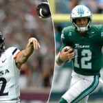 Owen McCown, nº 2 dos UTSA Roadrunners, lança um passe durante o terceiro quarto.