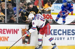 Rangers já vendo a versão de Vincent Trocheck que eles precisam desesperadamente O New York Rangers Center, Vincent Trocheck, verifica o defensor de Boston Bruins, Andrew Peeke, nos quadros.