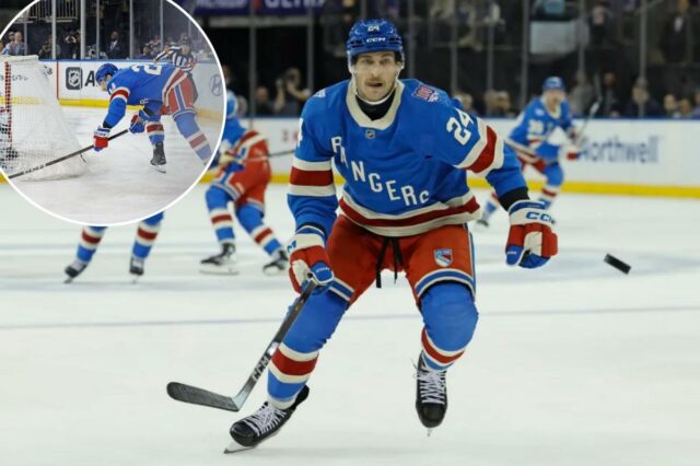 Carson Soucy persegue o disco no segundo tempo no Madison Square Garden, em Nova York