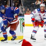 O New York Rangers Center Noah Laba patina com o disco do ala esquerda do New York Islanders Alex Jefferies.