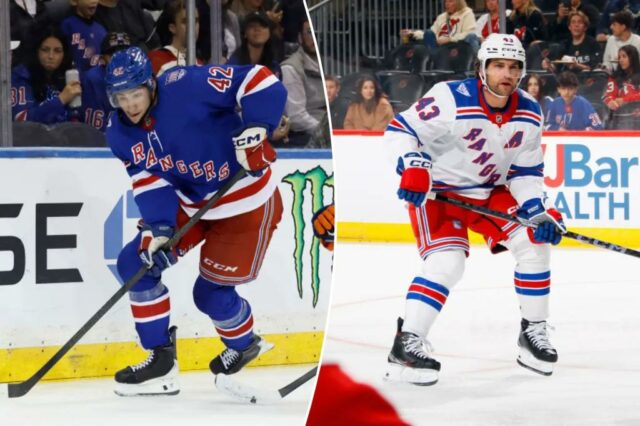 O New York Rangers Center Noah Laba patina com o disco do ala esquerda do New York Islanders Alex Jefferies.