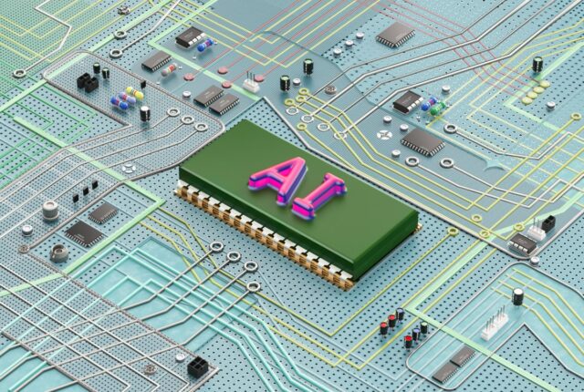 A complex electronic circuit board containing an artificial intelligence chip
