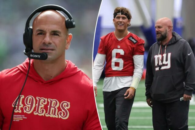 Robert Saleh não pode deixar de elogiar Jaxson Dart – O coordenador defensivo Robert Saleh do San Francisco 49ers observa o segundo quarto contra o Seattle Seahawks durante o jogo no Lumen Field em 7 de setembro de 2025 em Seattle, Washington.