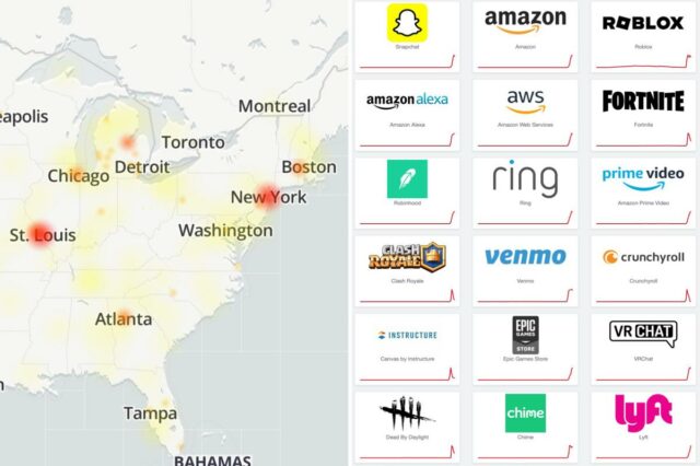 Interrupção da Amazon e problemas relatados no mapa Snapchat, Ring, Roblox, Fortnite e muito mais caem em uma grande interrupção na Internet