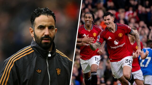 Ruben Amorim olha durante a partida da Premier League entre o Manchester United e o Sunderland em Old Trafford em 2025 em Manchester, Inglaterra.