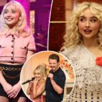 Sabrina Carpenter como Sophie e Pedro Pascal como Renaldo durante o esboço de “Domingo: Renovação de Votos”