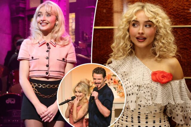 Sabrina Carpenter como Sophie e Pedro Pascal como Renaldo durante o esboço de “Domingo: Renovação de Votos”