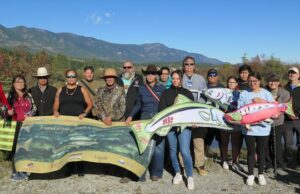 Salmão lançado como alevino em BC retorna ao Rio Columbia Um homem está com uma mangueira que bombeia alevinos em água para o rio.