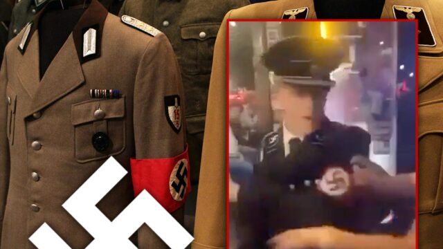 Simpatizante nazista em traje da Gestapo esmaga senhora com caneca roupa nazista atenas geórgia x getty main