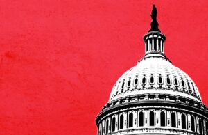 Start-ups e o governo federal dos Estados Unidos: está obtendo desafiador render of the US Capitol dome on red background