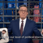 Stephen Colbert responde ao videoclipe Sombrero gerado pela AI Trump, contadores com JD Vance e um sofá