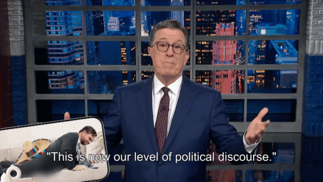 Stephen Colbert responde ao videoclipe Sombrero gerado pela AI Trump, contadores com JD Vance e um sofá 

