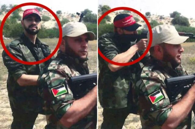 Mahmoud Amin Ya-qub Al-Muhtadi (circulado em vermelho) com outro homem em uniforme militar segurando um rifle.