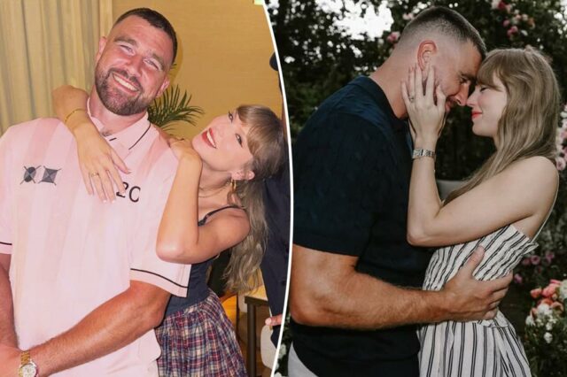 Taylor Swift pisca anel de noivado enquanto ela abraça até Travis Kelce

