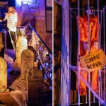 Casa de Halloween de Taylor Swift na Garden Street em Hoboken com decorações com esqueletos e lápides de seus ex-namorados.