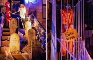 Terror de Hoboken: exibição de Halloween de Taylor Swift tem nomes de ex-namorados em lápides Casa de Halloween de Taylor Swift na Garden Street em Hoboken com decorações com esqueletos e lápides de seus ex-namorados.