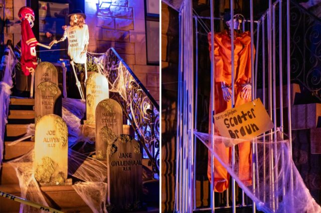 Casa de Halloween de Taylor Swift na Garden Street em Hoboken com decorações com esqueletos e lápides de seus ex-namorados.
