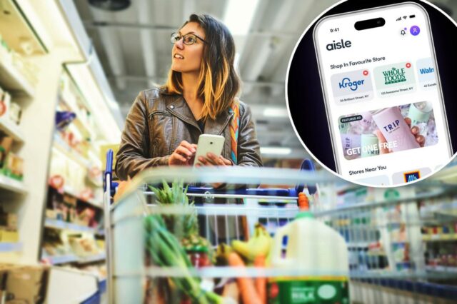 Captura de tela do aplicativo Aisle mostrando supermercados como Kroger e Whole Foods Market.