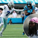 Trevon Diggs com uma bandana rosa durante o jogo do Dallas Cowboys.