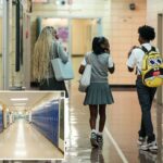 Crianças andando pelo corredor da escola