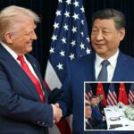 Donald Trump e Xi Jinping apertando as mãos.