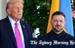 Trump esfria sobre armas ‘incríveis’ para Zelensky após apelo de Putin Volodymyr Zelensky fala aos repórteres em Washington após seu encontro com Trump.