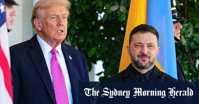 Volodymyr Zelensky fala aos repórteres em Washington após seu encontro com Trump.